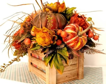 Fall Pumpkin Centerpiece: Rustic Peony Floral Arrangement in Wood Crate