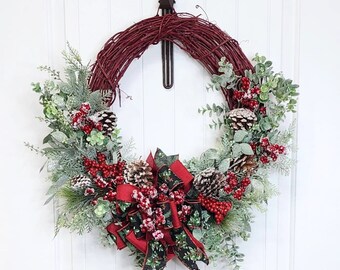 Winter Farmhouse Wreath: Burgundy Grapevine, Frosted Pine & Eucalyptus
