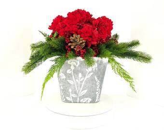 Red Berry Pine Floral Arrangement: Rustic Christmas Shelf Decor