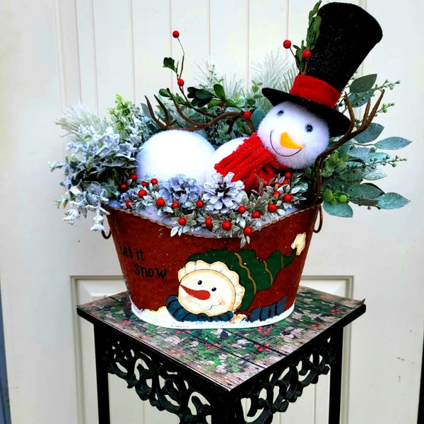 Snowman Floral Arrangement  - Christmas Centerpiece -  Snowman Let It Snow Whimsical Winter Decor- Tabletop Floral Arrangement