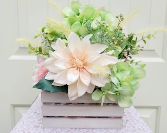 Hydrangea Dahlia Floral Arrangement: Farmhouse Crate Centerpiece