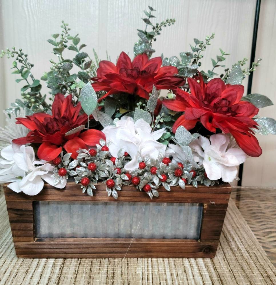 Winter Farmhouse Wooden Planter Box Arrangement Rustic Etsy