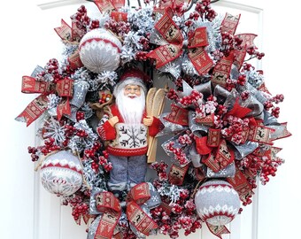 Skiing Santa Christmas Wreath: Winter Woodland Flocked Pine Door Decor