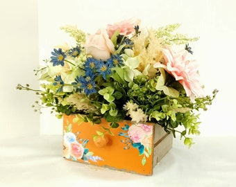 Floral Centerpiece in Painted Wooden Drawer: Farmhouse Table Arrangement