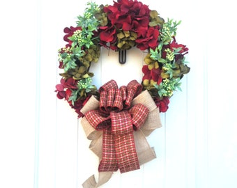 Christmas Hydrangea Wreath: Rustic Burlap Plaid Farmhouse Door Decor
