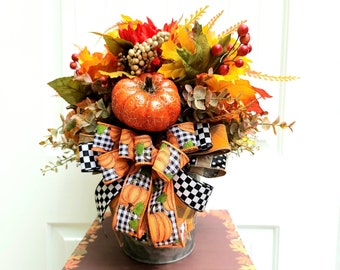 Fall Farmhouse Sunflower and Mum Arrangement in Galvanized Bucket, Rustic Country Style Floral Centerpiece, Fall Tabletop Pumpkin Decoration