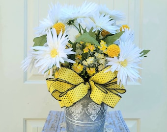 Daisy Floral Arrangement: Etched Galvanized Bucket, Farmhouse Table Decor