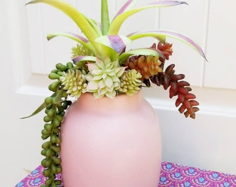 Faux Succulent Arrangement: Pink Ceramic Vase, Boho Table Decor