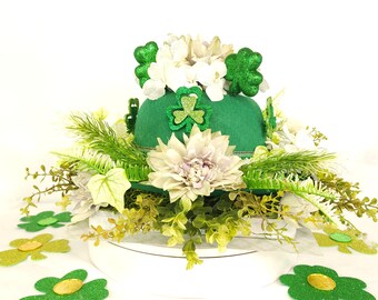 St. Patricks Day Floral Table Decoration, Leprechaun Derby Top Hat Decor, St. Paddys Day Hydrangea Centerpiece, Irish Party Tabletop Gift