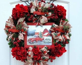 Red Hydrangea Christmas Wreath: Farmhouse Retro Red Truck Door Decor