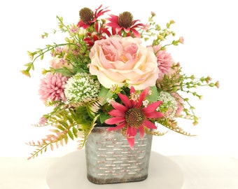 Farmhouse Pink Rose Floral Centerpiece: Fuchsia Coneflower Arrangement