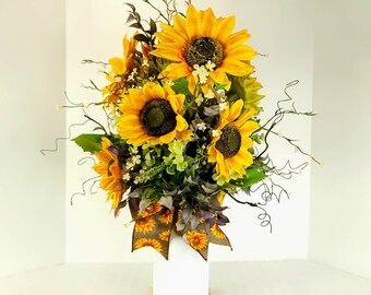 Sunflower Arrangement: Rustic Farmhouse Decor in Enamel Milk Bottle