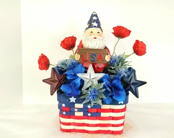 Patriotic Gnome Floral Arrangement: USA Flag Basket Centerpiece