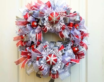 Red and Silver Christmas Wreath: Flocked Evergreen, Snowflake Ornament Decor