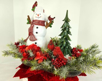 Snowman Cardinal Table Centerpiece: Winter Woodland Floral Arrangement