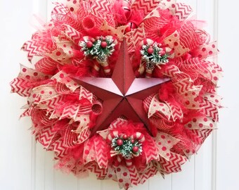 Farmhouse Christmas Wreath: Rustic Red Barn Star, Candy Cane Ornaments