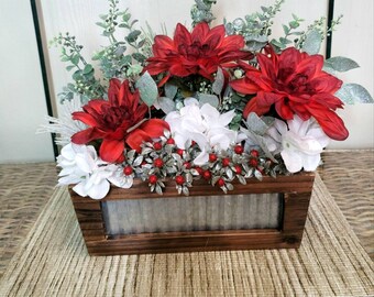 Farmhouse Christmas Floral Arrangement: Red Dahlias, White Hydrangeas in Wooden Planter