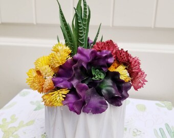 Faux Succulent Arrangement: Boho Tabletop Decor in White Ceramic