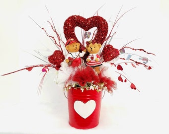 Valentine's Day Floral Heart Tabletop Arrangement, Whimsical Valentine's Day Bear Heart Arrangement, Festive Valentine Party Centerpiece