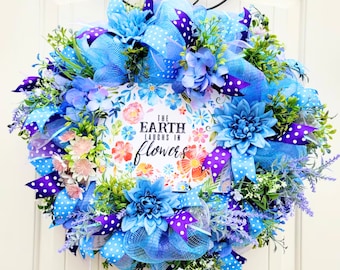 Farmhouse Summer Wreath: Blue Florals, Polka Dot Ribbon, Wildflower Dahlia