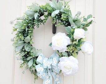 Farmhouse Grapevine Wreath: White Roses, Hydrangeas & Eucalyptus