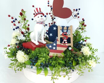 Patriotic Floral Arrangement: Dog Figurine, Red White Blue 4th of July Decor