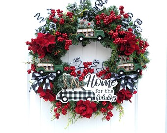 Retro Christmas Station Wagon Wreath: Buffalo Plaid Holiday Decor