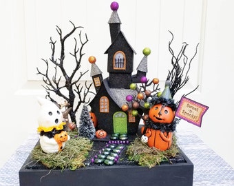 Halloween Haunted House Table Vignette: Ghost & Jack O'Lantern Display