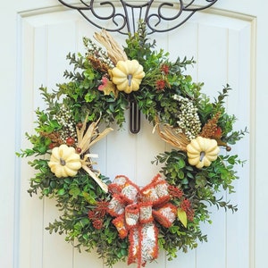Rustic Wreath for Front Door -  White Pumpkins and Eucalyptus Farmhouse Wreath - Autumn Harvest Door - Thanksgiving Greenery Wreath