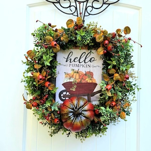 Fall Front Door Thanksgiving Welcome Wreath, Hello Pumpkin Harvest Porch Decor, Autumn Country Decor, Rustic Pumpkin Grapevine Wreath