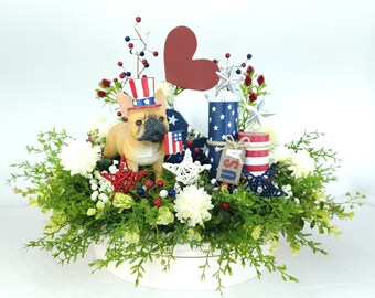 Patriotic French Bulldog Centerpiece: 4th of July Floral Table Decor