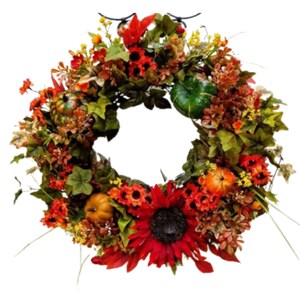 May include: A fall-themed wreath with red, orange, and yellow flowers, green leaves, and small pumpkins. The wreath is decorated with a large sunflower in the center.