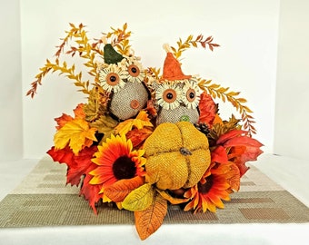 Farmhouse Owl Sunflower Arrangement: Rustic Autumn Thanksgiving Centerpiece