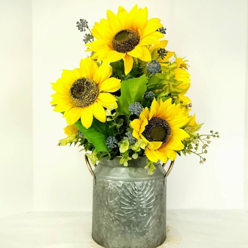 Farmhouse Sunflower Centerpiece in Metal Milk Can, Country Kitchen ...