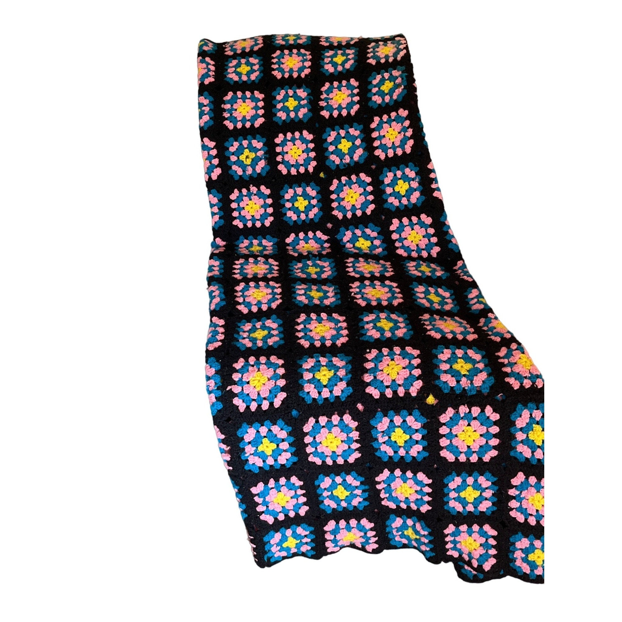 Vintage Crocheted Granny Square Afghan Blanket Black Pink Etsy