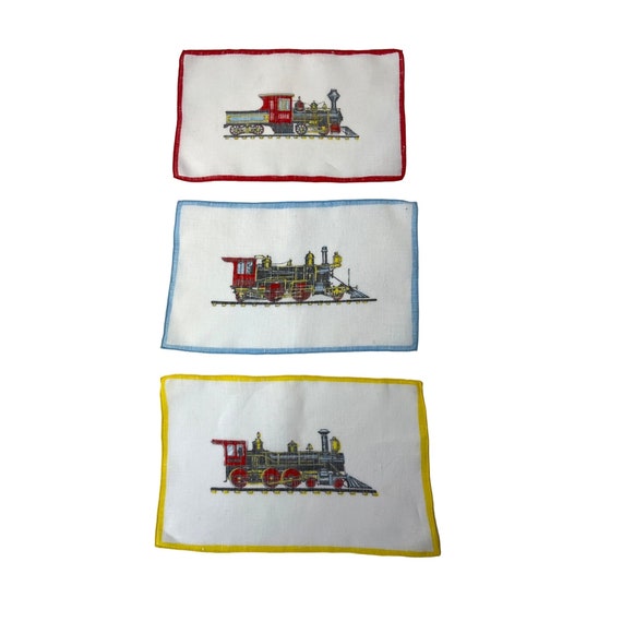 Vintage Train Handkerchief Set of 3 Colorful Rect… - image 7