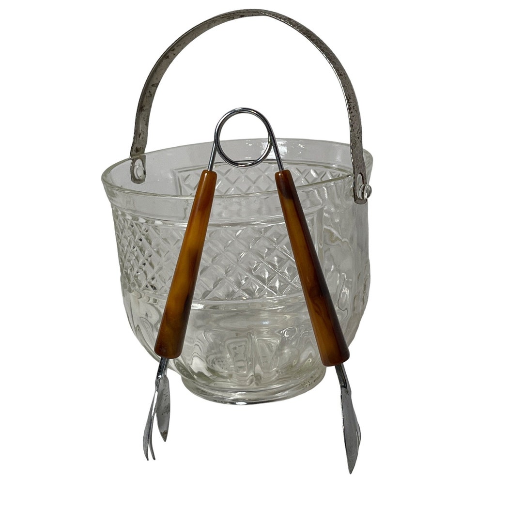 Vintage Clear Glass Ice Bucket With Hammered Metal Handle and Etsy