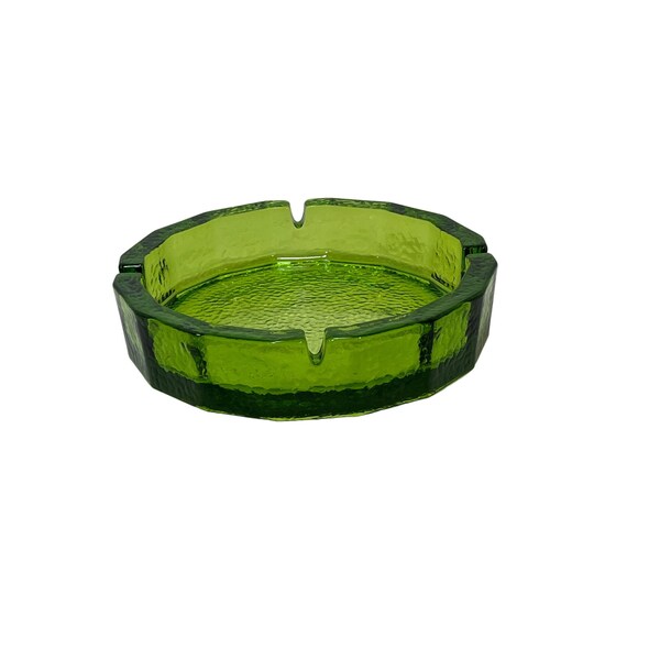 Vintage Blenko Green Glass Ashtray MCM Glass Decor Vibrant Textured Thick Emerald Green Art Glass