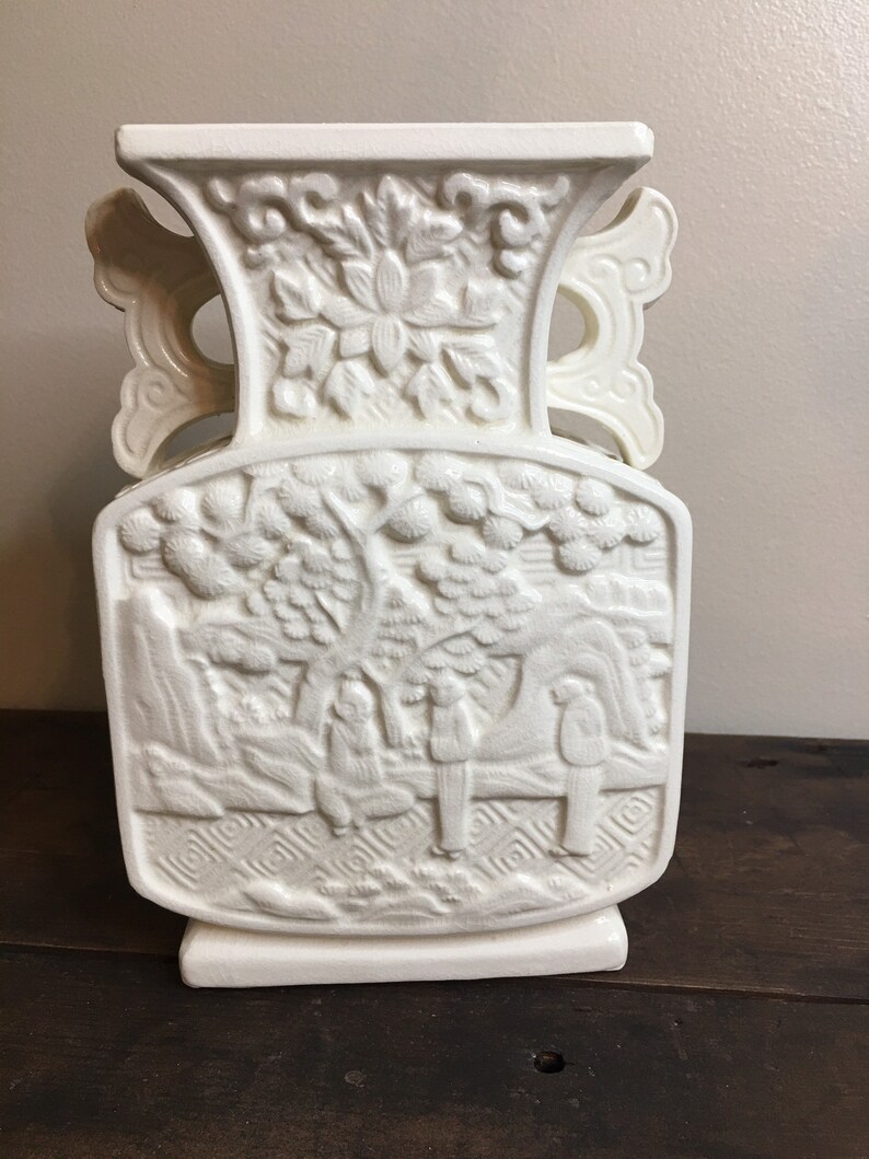 Vintage White Vase Depicting Three Men Gathered in a Garden Etsy