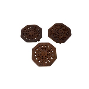 Vintage Carved Wooden Trivets Floral Design Tiny Feet Made in India Lot of 3