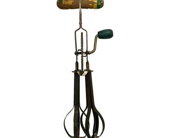 Antique A&J USA High Speed Hand Mixer Egg Beater Vintage Green Wood Handle