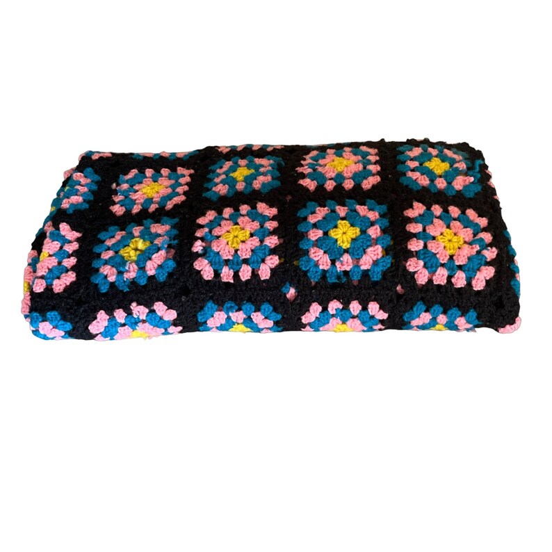 Vintage Crocheted Granny Square Afghan Blanket Black Pink Etsy