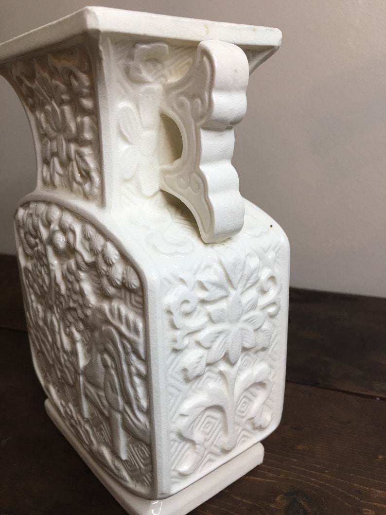 Vintage White Vase Depicting Three Men Gathered in a Garden Etsy