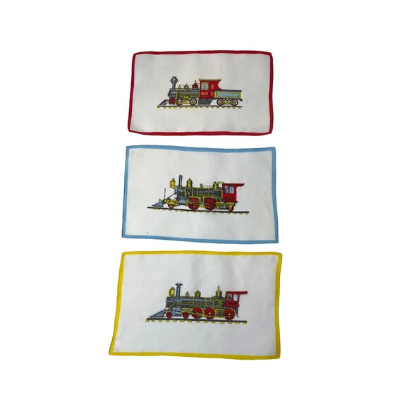 Vintage Train Handkerchief Set of 3 Colorful Rect… - image 1