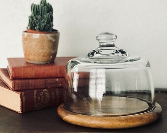 Vintage Wood Platter with Glass Dome, Cheeseball Server, Round Wooden Appetizer Serving Tray, Teak Wood Plate, Mid Century Modern