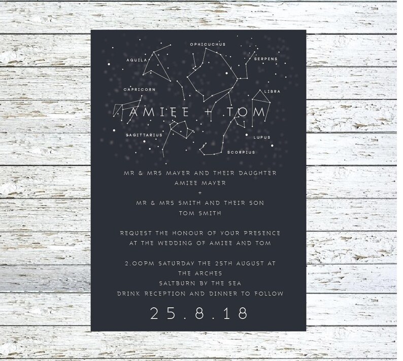 Traditional invite Save the Date Menu with matching envelopes Constellation Wedding Stationery suite RSVP