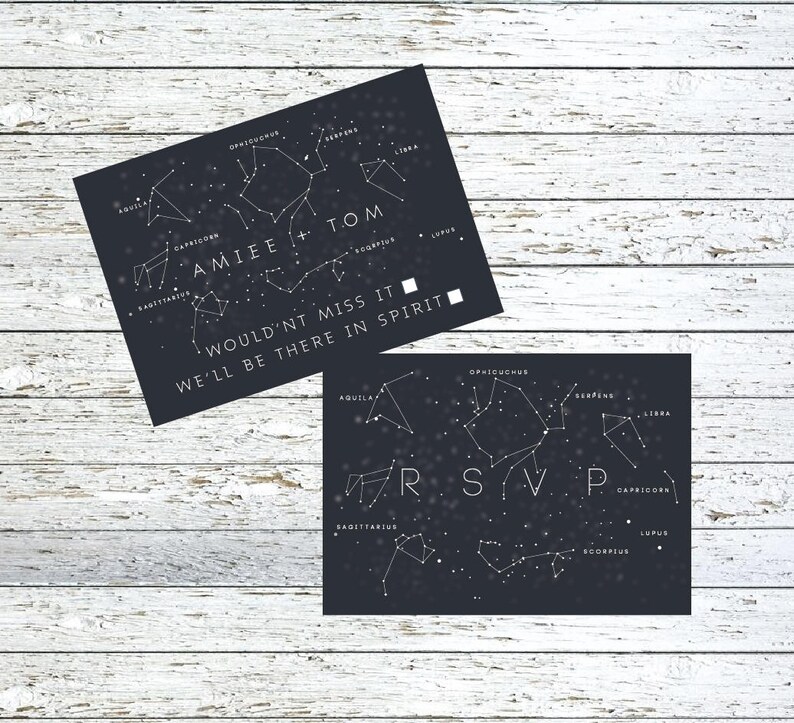Traditional invite Save the Date Menu with matching envelopes Constellation Wedding Stationery suite RSVP