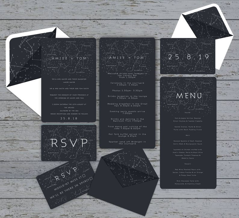 Traditional invite Save the Date Menu with matching envelopes Constellation Wedding Stationery suite RSVP