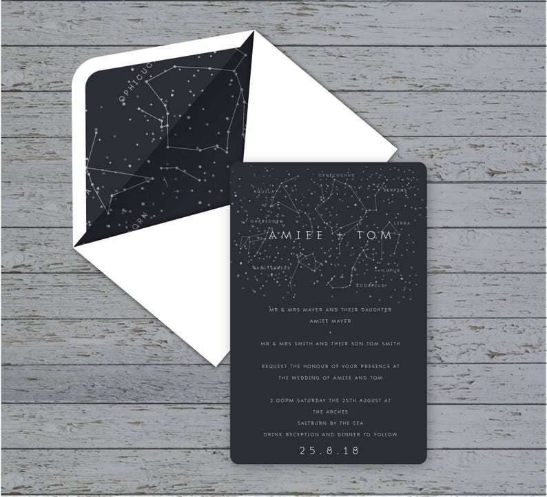 Traditional invite Save the Date Menu with matching envelopes Constellation Wedding Stationery suite RSVP