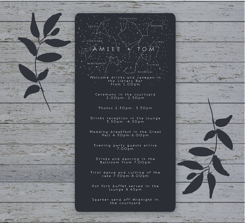Traditional invite Save the Date Menu with matching envelopes Constellation Wedding Stationery suite RSVP